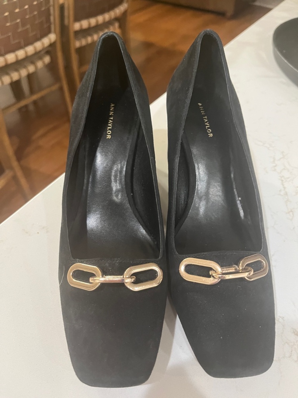 Ann Taylor Black Suede Pumps with Gold Chain Accent